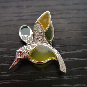 Hummingbird Brooch Plique a Jour Letting In Daylight Pin Silver Colorful Wings